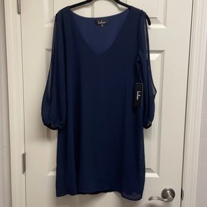 Lulus navy shift dress with sheer open sleeves